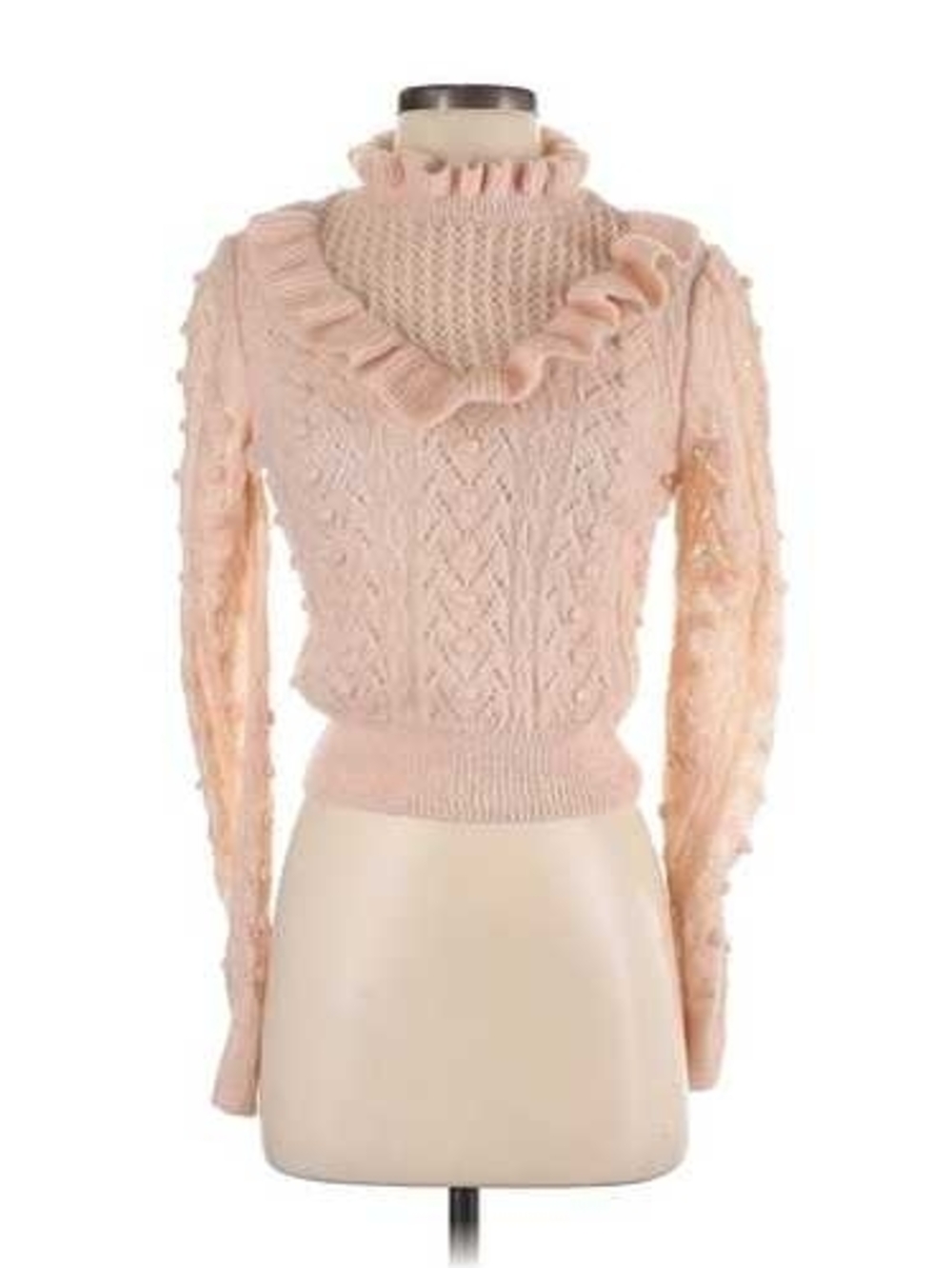 Zara Pastel Peach Pink Ruffle Cable-Knit Pointelle Mock Neck Sweater